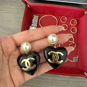 SOLD Chanel Black & Gold Heart Pearl CC Logo Drop Earrings